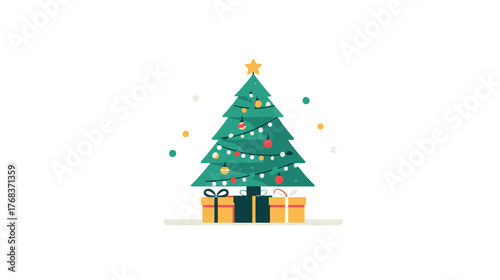 Festive Christmas Tree with Ornaments, Lights, and Wrapped Presents. Holiday Season Celebration Vector Illustration.