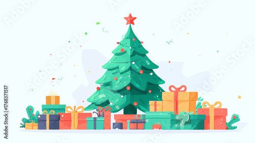 Whimsical Christmas Tree with festive ornaments and a shining star, surrounded by colorful wrapped presents and gift boxes. Holiday celebration vector illustration.