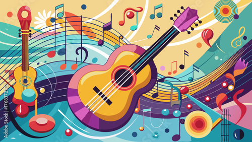 Very beautiful, guitar adorned with musical notes, combining classic instrument design with artistic music-themed decoration, showcasing creativity, rhythm, and passion for music performance.