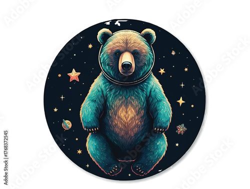 Vactor image Space bear floating with stars pure white background.