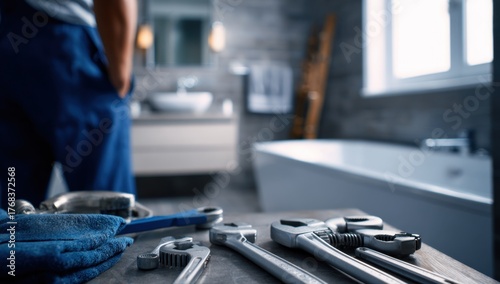 Tools and accessories arranged on a wooden in a modern bathroom setting