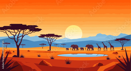 A vibrant vector illustration captures the beauty of the African savannah at sunset featuring