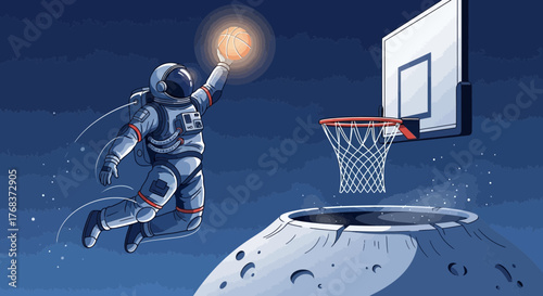 Astronaut scores a slam dunk on the moon surface with basketball court illustration