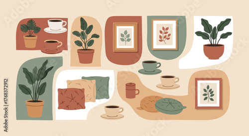 Boho themed illustration with plants, frames, cups and cushions in earthy color palette