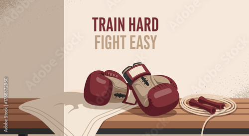 Boxing equipment illustration for training motivation, train hard fight easy concept