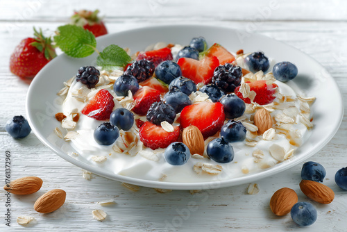 plate with Greek yogurt with blueberries chopped strawberries almonds oat flakes background wooden table