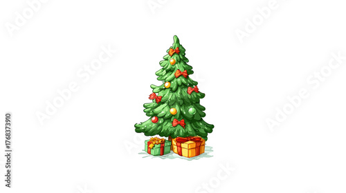 Vibrant Christmas tree illustration with festive ornaments and colorful wrapped presents, ideal for holiday designs and seasonal greetings.