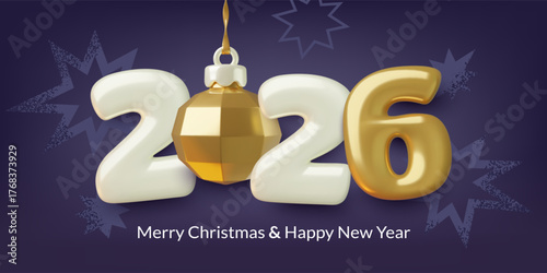 2026 New Year 3d numbers with a gold Christmas ball and fireworks on dark blue background. Vector illustration.