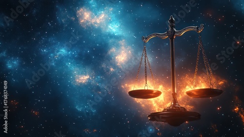 Cosmic scales of justice; celestial judgment; cosmic balance; abstract concept; conceptual