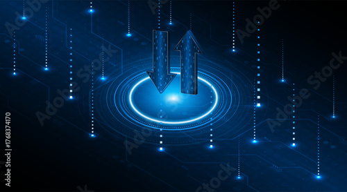 Up and down arrows on dark blue background. Concept of data transmission or digital exchange. Business growth or investment concept. Blue arrow technology background.
