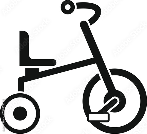 Kids' tricycle with big front wheel, small back wheels, handlebar and seat, isolated on white background