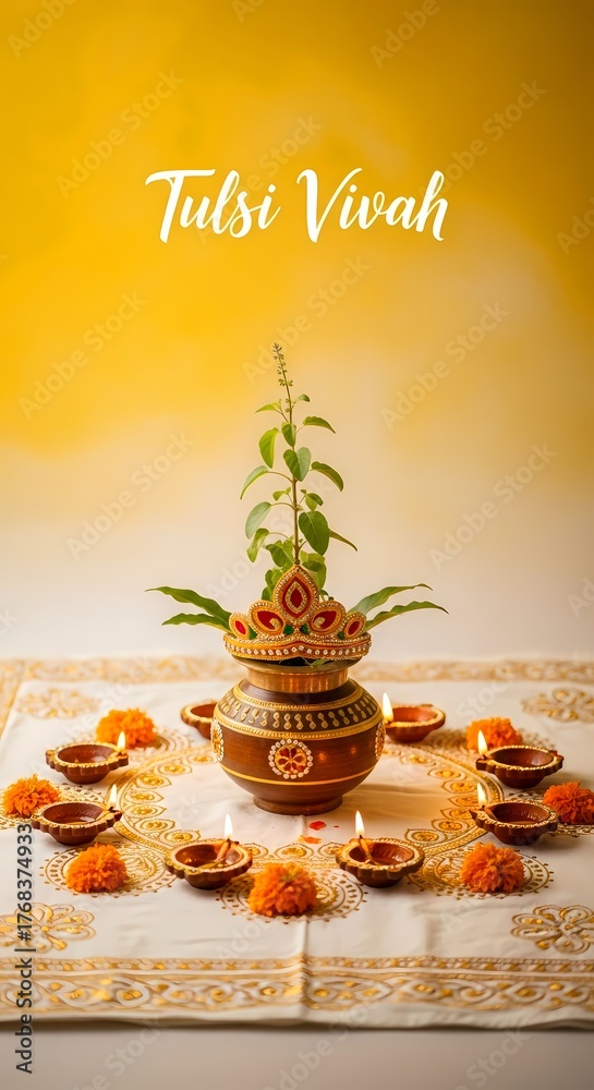 Fototapeta premium Sacred tulsi vivah ceremony with earthen diyas and auspicious decorations