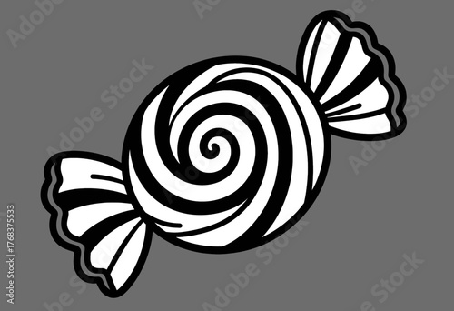 Black and white spiral lollipop candy with ribbon wrapper, isolated
