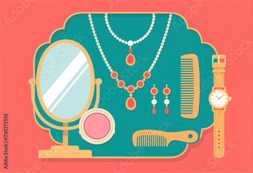 Colorful beauty accessories arranged on vanity mirror background