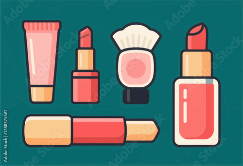 Colorful makeup icons collection, flat design cosmetic products, isolated on teal background