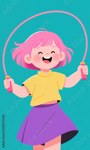 Colorful cartoon girl jumping rope, playful child activity, vibrant flat illustration