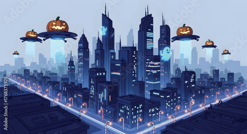Halloween in the City of the Future with Pumpkin UFOs and Ghostly Apparitions