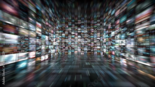 Abstract digital media wall representing information overload and connectivity