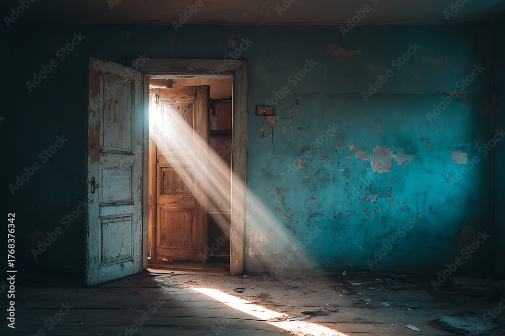 Obraz premium Sunlight streaming into a darkened abandoned room