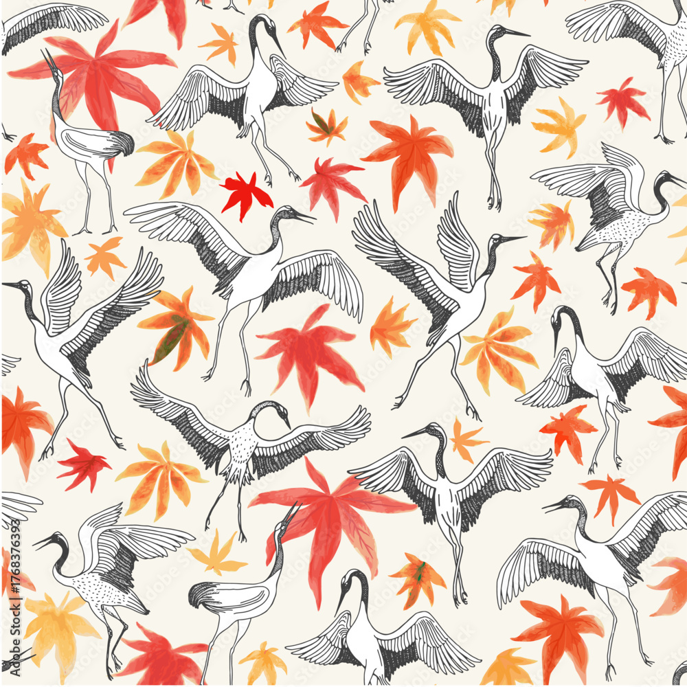 Obraz premium Vector seamless pattern of Dancing Japanese crane birds and autumn colored maple leaves on a beige background