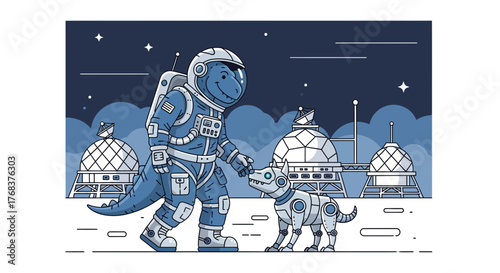 A cartoon dinosaur astronaut with a robot dog explores a lunar outpost setting with futuristic