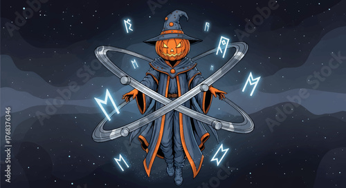 Pumpkin Head Wizard Casting Spells in Space, Halloween Fantasy Illustration