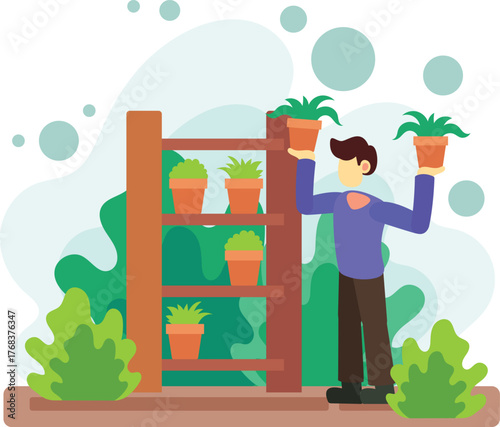 Boy arranging potted plants on wooden shelf illustration