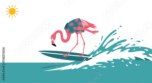 A fun illustration of a flamingo wearing a Hawaiian shirt surfing on a wave enjoying a tropical