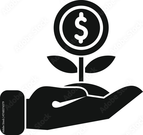 Hand carefully holding a growing plant with a dollar coin, symbolizing investment, financial growth, and wealth management