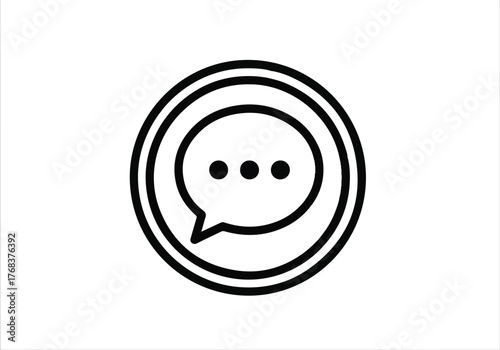 A simple black and white icon of a speech bubble with ellipsis inside a circle, isolated on white background, representing communication and dialogue