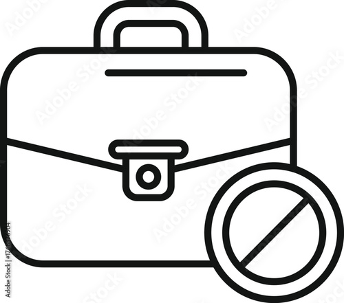 Line art icon of a briefcase with prohibition symbol, representing concepts like job loss, unemployment, or dismissal