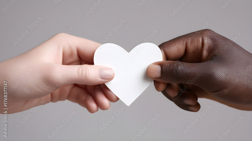 Fototapeta premium Hands of diverse individuals holding a white heart symbolizing unity and love with soft background
