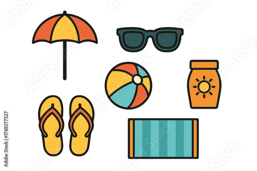 Colorful collection of summer beach vacation accessories and travel essentials