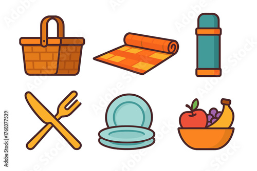 Basket, blanket, thermos, cutlery, plates, and fruit bowl for a summer picnic outing