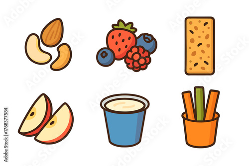 Colorful set of six healthy snack icons including almonds, berries, apple slices, and yogurt dip