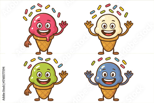 Four cheerful ice cream cone characters with different flavors and colorful sprinkles waving