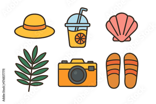 Summer vacation objects collection featuring sun hat, tropical leaf, camera, and beach sandals