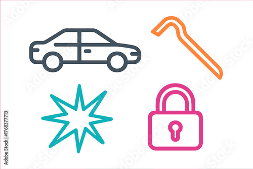 Symbols representing crime, security, and vandalism including car, crowbar, explosion, and padlock