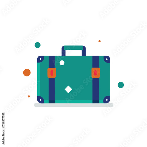 Vintage teal suitcase covered in colorful travel stickers in snowy winter setting vector