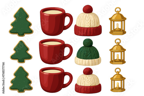Festive winter holiday objects collection including Christmas tree cookies hot drinks knitted hats and golden lanterns