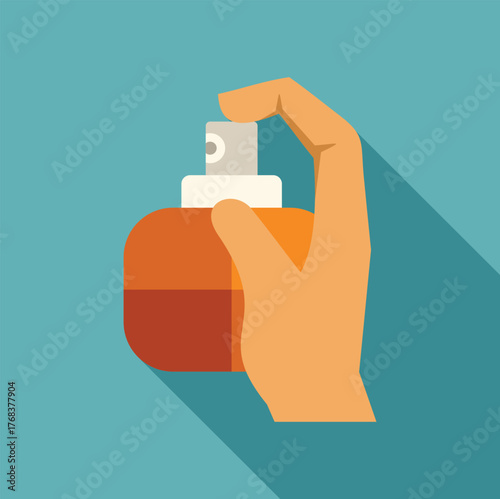 Hand is holding and spraying a perfume bottle in a flat design illustration with long shadow