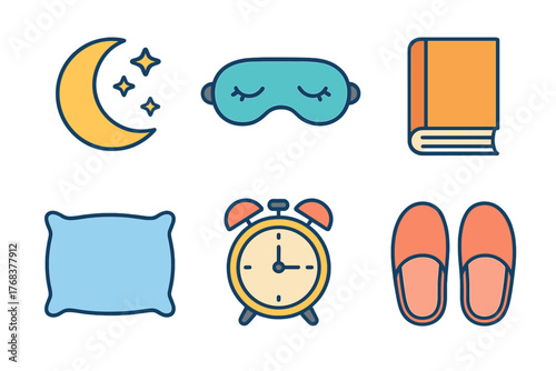 Bedtime routine and sleep essentials featuring moon, pillow, alarm clock, and slippers