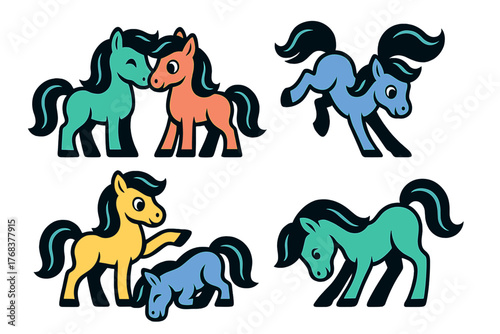 Collection of four colorful cartoon ponies standing, jumping, and interacting on a white background