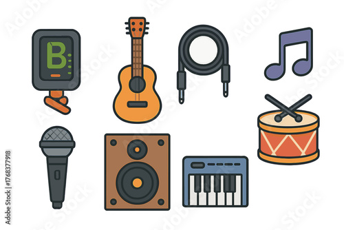 Musical instruments and audio equipment set featuring guitar drum microphone speaker and keyboard