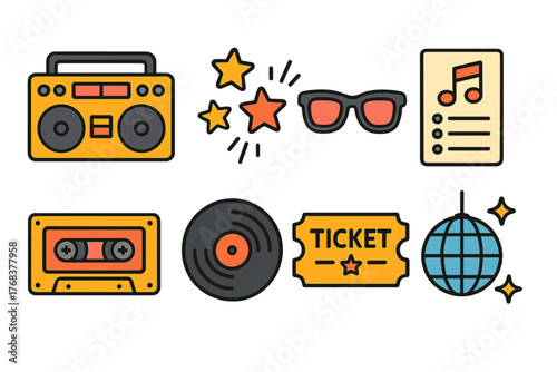 Retro music and party icons set featuring boombox, cassette, vinyl, disco ball, and ticket