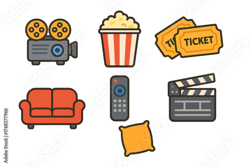 Home cinema and movie night icons set featuring projector, popcorn, tickets, and sofa