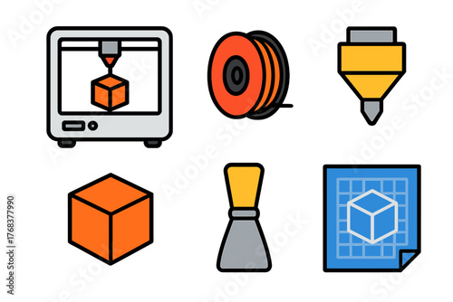 Six colorful icons for 3D printing technology and additive manufacturing processes