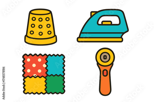Colorful sewing and quilting tools including thimble, iron, rotary cutter, and fabric swatches