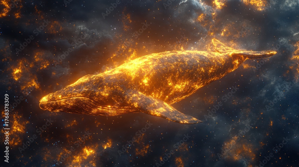 Fototapeta premium Fiery Whale in Cosmic Nebula. Possible use Science fiction, fantasy, poster, book cover