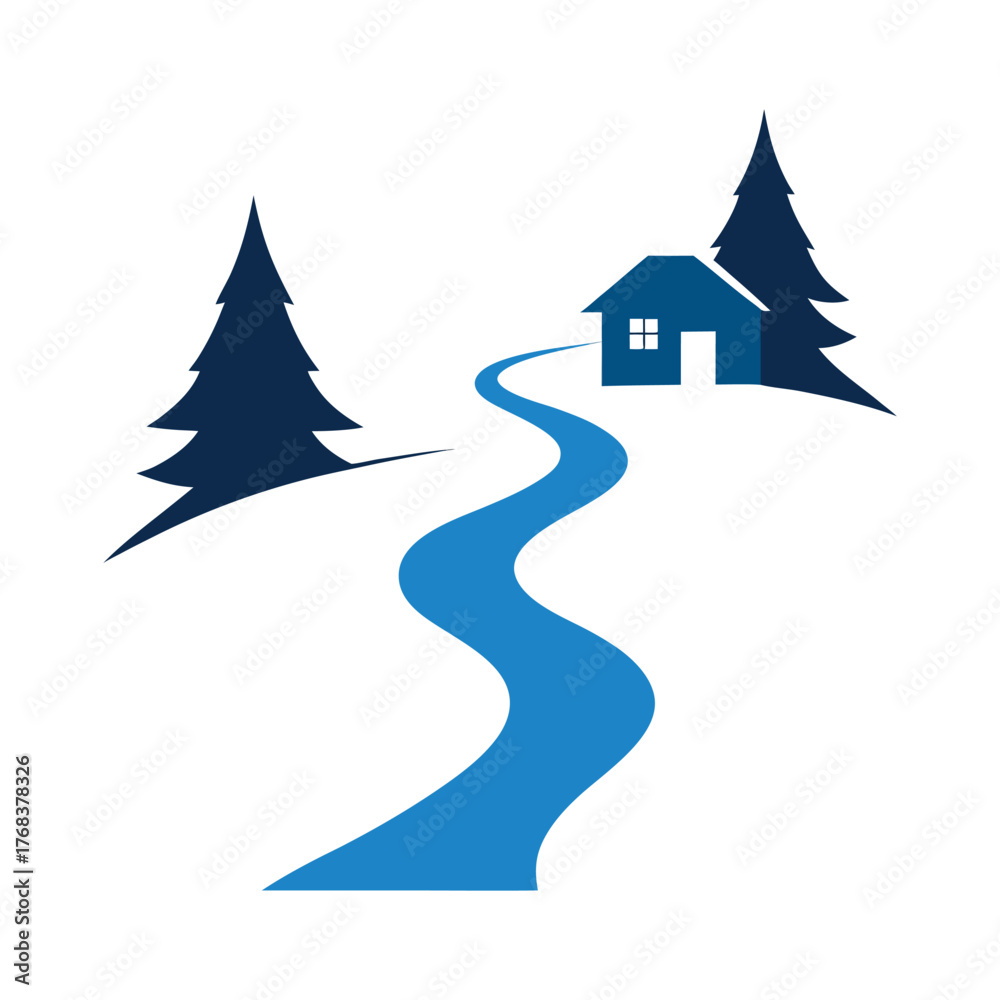 Fototapeta premium Winter snow trail winding through pine trees towards distant cozy cabin vector